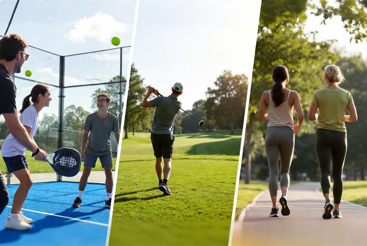 People playing padel, golf and running together